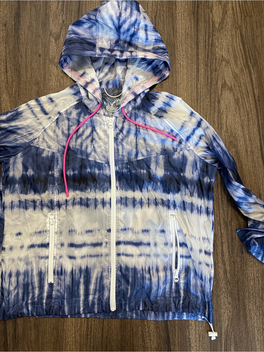 Tie-Dye Hooded Windbreaker with Pink Drawstrings